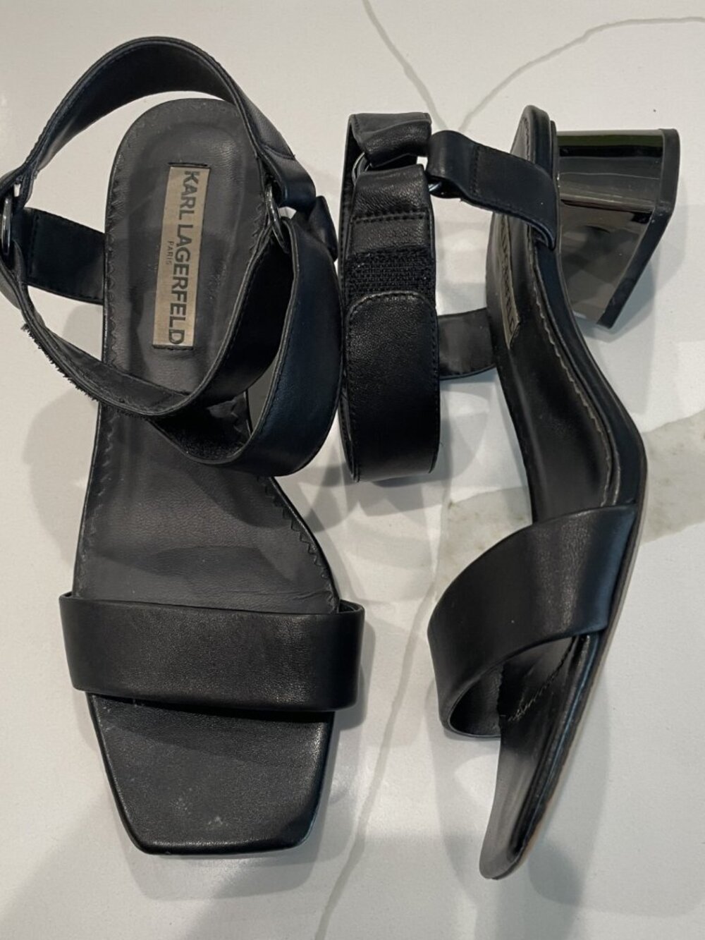 Karl Lagerfeld Black Leather Chrome Block Heeled Sandals - Size 8 - Retail $139